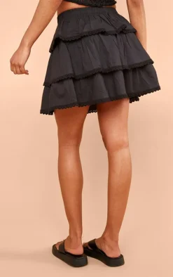 Black Broderie Trim Tiered Mini Skirt