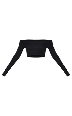Black Brushed Rib Bardot Long Sleeve Top