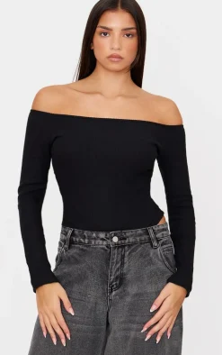 Black Brushed Rib Bardot Long Sleeve Bodysuit