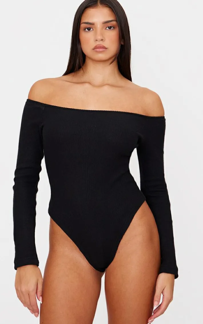 Black Brushed Rib Bardot Long Sleeve Bodysuit