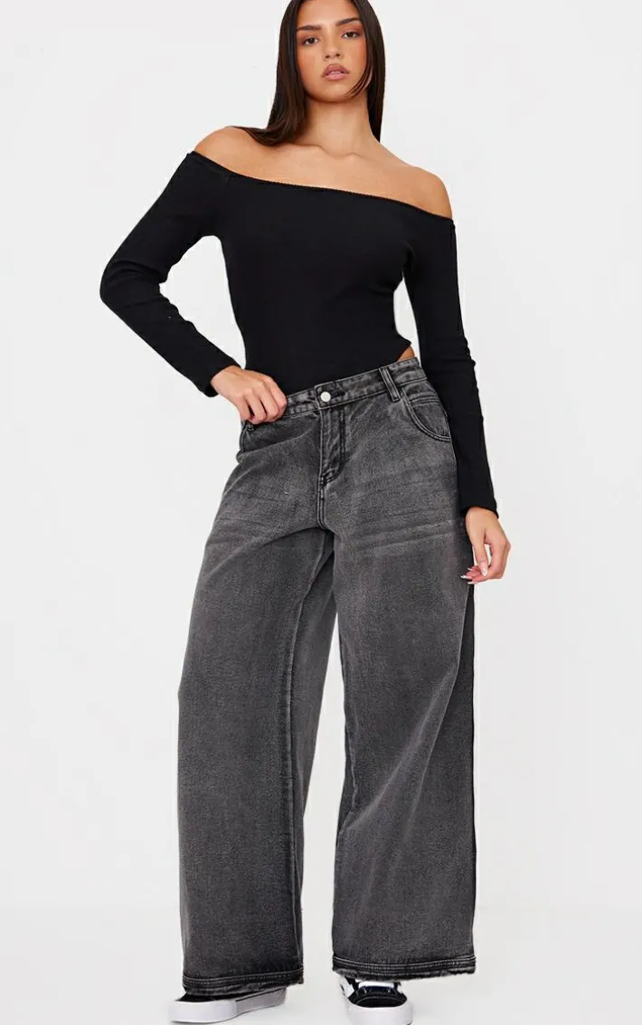 Black Brushed Rib Bardot Long Sleeve Bodysuit