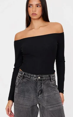 Black Brushed Rib Bardot Long Sleeve Bodysuit