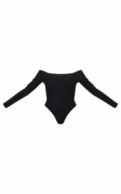 Black Brushed Rib Bardot Long Sleeve Bodysuit