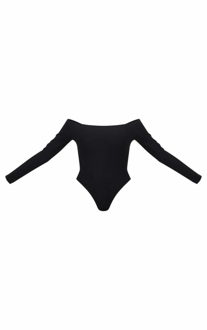 Black Brushed Rib Bardot Long Sleeve Bodysuit