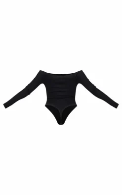 Black Brushed Rib Bardot Long Sleeve Bodysuit