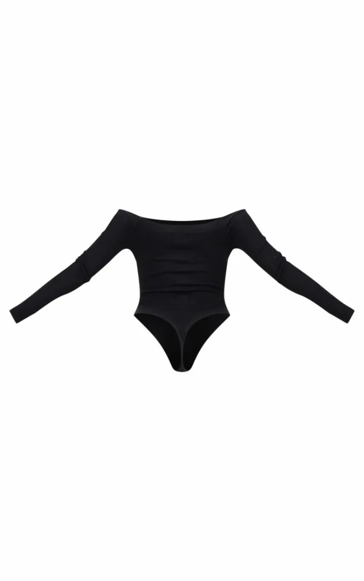 Black Brushed Rib Bardot Long Sleeve Bodysuit