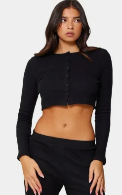 Black Brushed Rib Button Front Cardigan