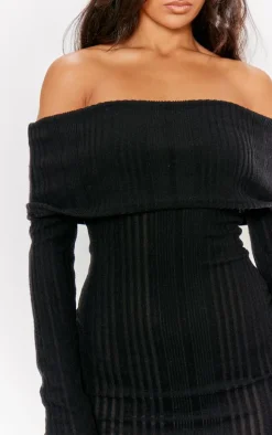 Black Brushed Rib Oversized Bardot Maxi Dress
