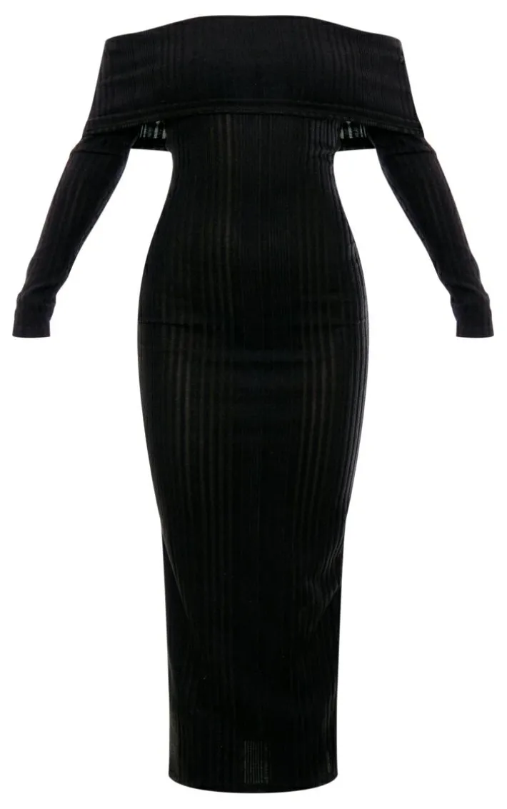 Black Brushed Rib Oversized Bardot Maxi Dress