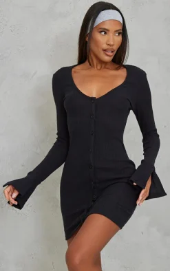 Black Brushed Rib Plunge Flare Sleeve Shirt Dress