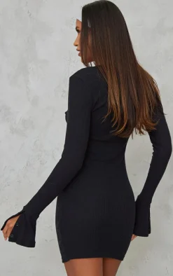 Black Brushed Rib Plunge Flare Sleeve Shirt Dress
