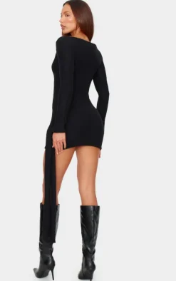 Black Brushed Rib Tie Waist Detail Bodycon Dress