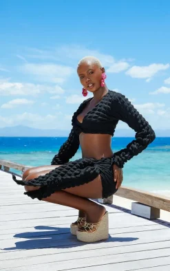 Black Bubble Textured Long Sleeve Beach Top