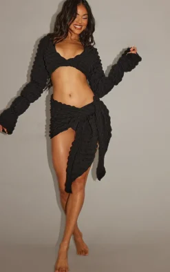 Black Bubble Textured Long Sleeve Beach Top