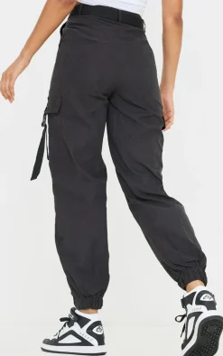 Black Buckle Detail Belted Cargo Pants