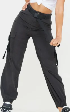Black Buckle Detail Belted Cargo Pants