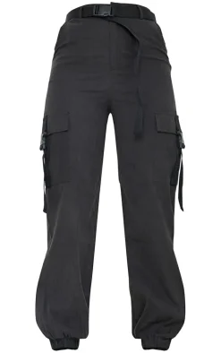 Black Buckle Detail Belted Cargo Pants