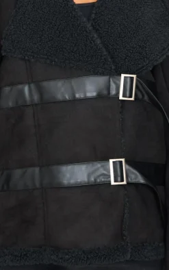 Black Buckle Trim Detail Aviator Jacket