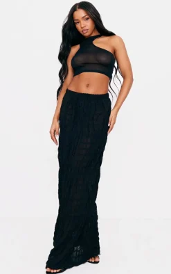 Black Burnout Mesh Tie Neck Crop Top