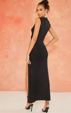 Black Burnout Mesh Twist Detail Cut Out Maxi Dress