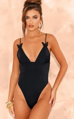 Black Butterfly Applique High Leg Swimsuit