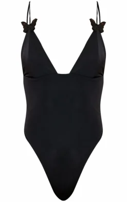 Black Butterfly Applique High Leg Swimsuit