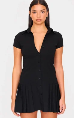 Black Button Down Cap Sleeve Pleated Hem Shift Dress