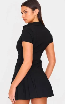 Black Button Down Cap Sleeve Pleated Hem Shift Dress