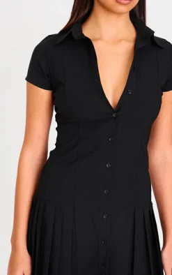 Black Button Down Cap Sleeve Pleated Hem Shift Dress