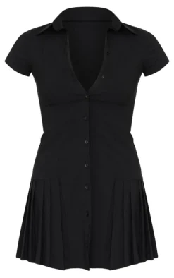 Black Button Down Cap Sleeve Pleated Hem Shift Dress
