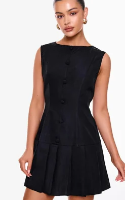 Black Button Down Pleated Hem Shift Dress