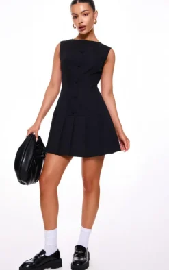 Black Button Down Pleated Hem Shift Dress