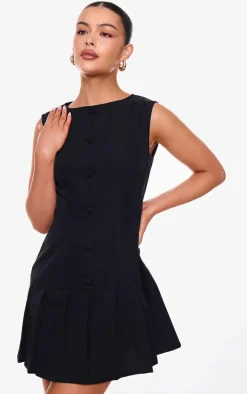 Black Button Down Pleated Hem Shift Dress