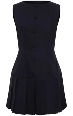 Black Button Down Pleated Hem Shift Dress