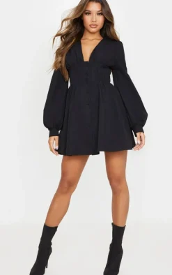 Black Button Front Fitted Puff Sleeve Skater Dress