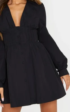 Black Button Front Fitted Puff Sleeve Skater Dress