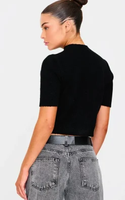 Black Button Up Cap Sleeve Boucle Knit Cardigan