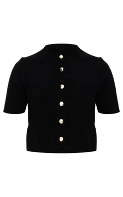 Black Button Up Cap Sleeve Boucle Knit Cardigan