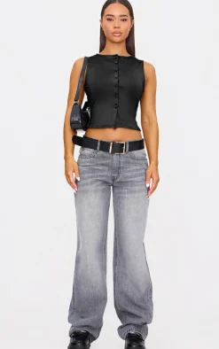 Black Button Up Long Sleeveless Top