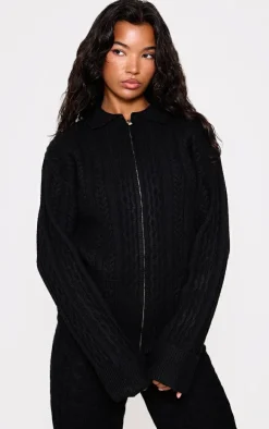 Black Cable Knit Collar Detail Zip Up Cardigan
