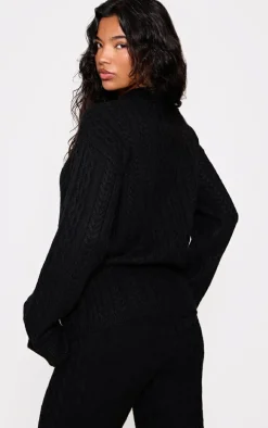 Black Cable Knit Collar Detail Zip Up Cardigan