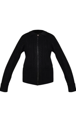 Black Cable Knit Collar Detail Zip Up Cardigan