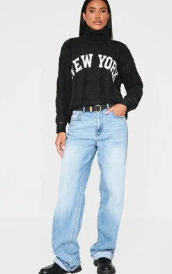 Black Cable Knit Distressed Hem Embroidered Roll Neck Sweater