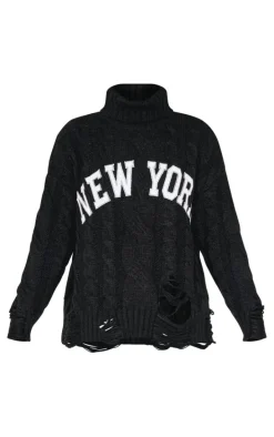 Black Cable Knit Distressed Hem Embroidered Roll Neck Sweater