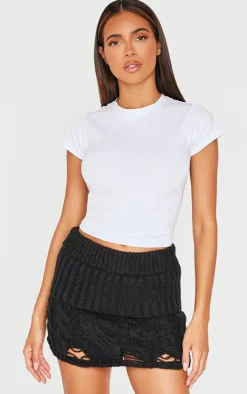 Black Cable Knit Distressed Hem Fold Over Mini Skirt
