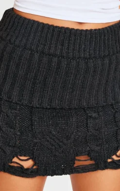 Black Cable Knit Distressed Hem Fold Over Mini Skirt