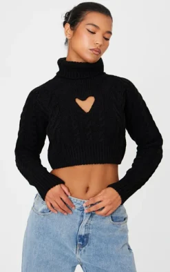 Black Cable Knit Wide Roll Neck Heart Cut Out Sweater