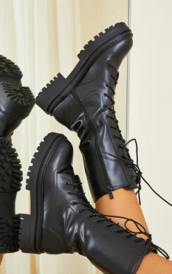 Black Calf High Lace Up Chunky Biker Boots