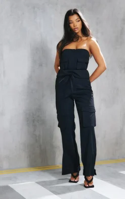 Black Cargo Bandeau Pocket Detail Frill Waist Jumpsuit