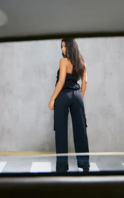 Black Cargo Bandeau Pocket Detail Frill Waist Jumpsuit